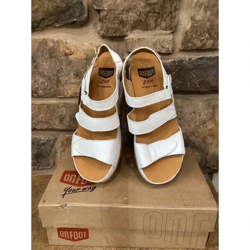 On Foot Zen 201 Blanco White Leather Platform Sandals Spain Womens 39 NEW